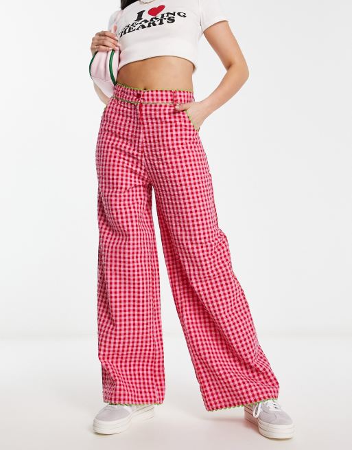 Neon Rose rik-rak detail wide leg gingham pants in pink