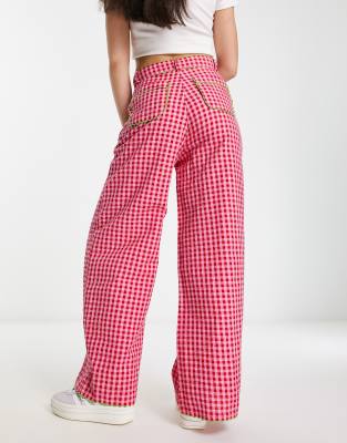 Loizziuy Women's Checkered Pants Casual Gingham Y2K Pink Relaxed