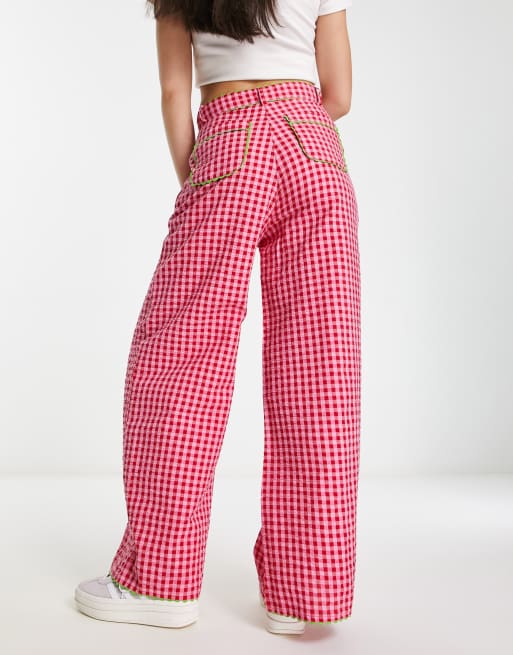 Neon Rose rik rak detail wide leg gingham trousers in pink ASOS