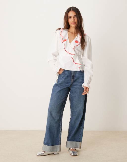 Neon Rose rik-rak detail wrap front blouse in white | ASOS