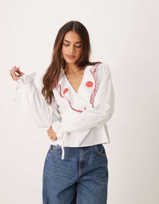 Neon Rose rik-rak detail wrap front blouse in white | ASOS