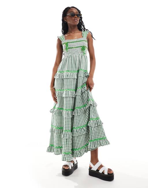 Neon Rose - Robe longueur mollet à carreaux vichy et volants étagés - Vert forêt