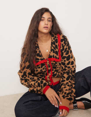 Neon Rose rose trim pointelle cardigan in leopard - view 1