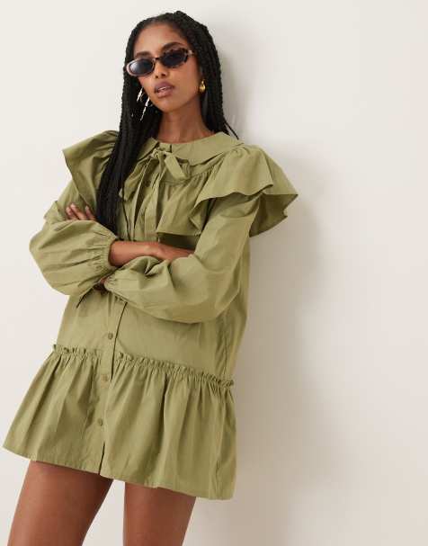 Neon Rose ruffle collar smock dress in olive - view 1