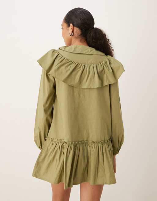 Neon Rose ruffle collar smock dress in olive, 4 of 4