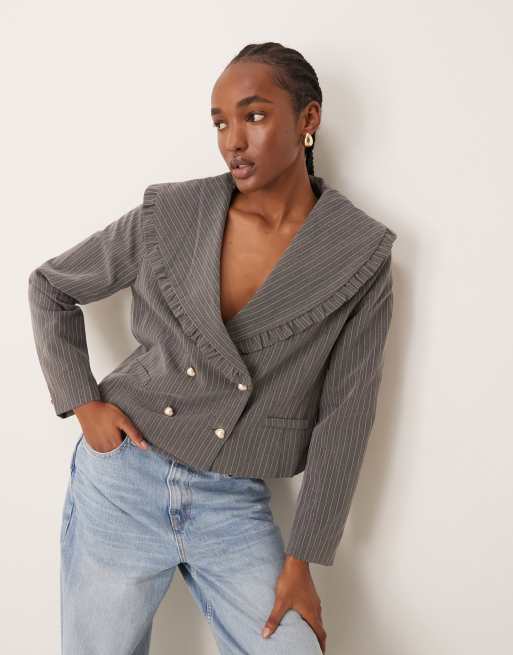 Neon Rose ruffle edge cropped sparkle pinstripe blazer in gray