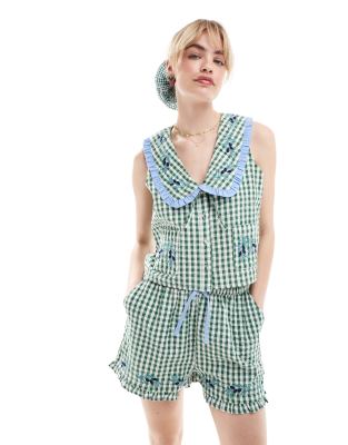 Neon Rose Neon Rose ruffle edge sleeveless gingham blouse in forest green co-ord