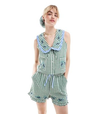 Neon Rose Ruffle Edge Sleeveless Gingham Blouse In Forest Green - Part Of A Set