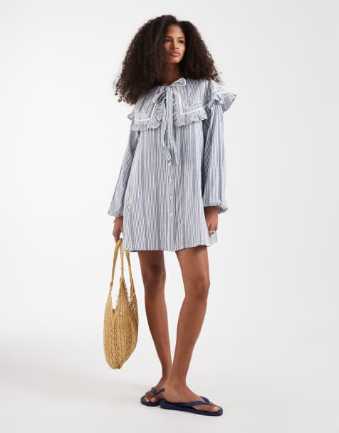 Neon Rose ruffle edged long sleeve babydoll dress in blue stripe - view 1