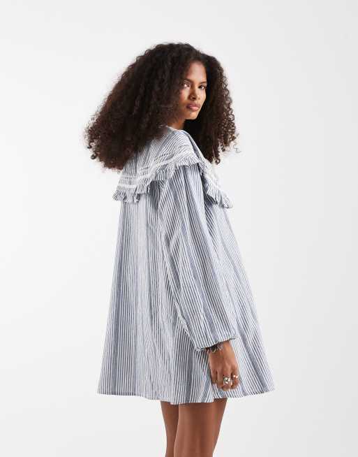 Neon Rose ruffle edged long sleeve babydoll dress in blue stripe, 4 of 4