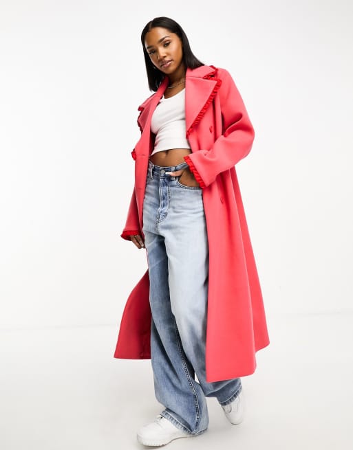 Neon Rose ruffle edged longline cocoon coat in pink