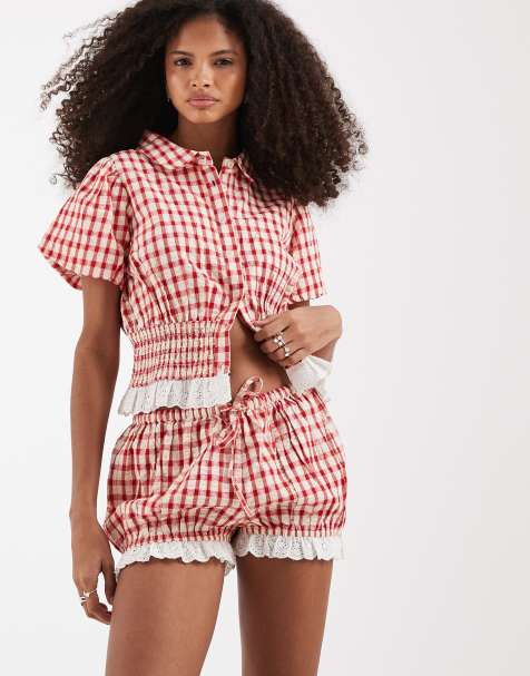 Neon Rose ruffle edged shorts in red check (Part of a set) - view 1