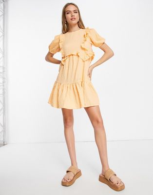 Neon Rose ruffle front smock dress in textured apricot