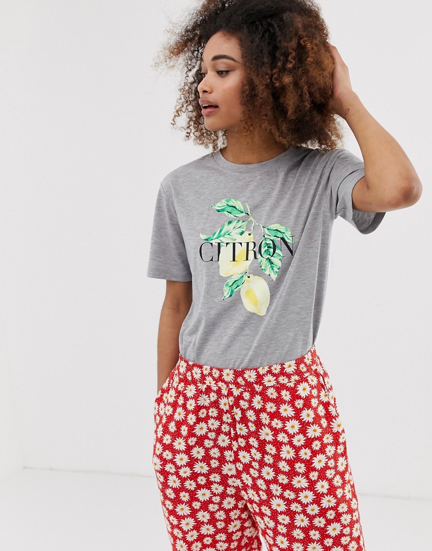 Neon Rose - Ruimvallend T-shirt met citroenprint-Grijs