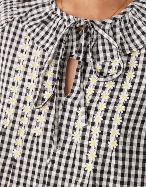 Neon Rose - Rynket bluse med ballonærmer og sorte gingham-tern - Del af sæt, 3 af 4