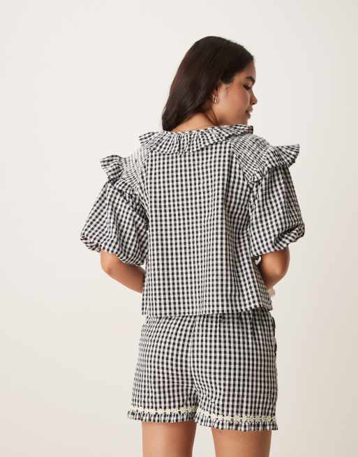 Neon Rose - Rynket bluse med ballonærmer og sorte gingham-tern - Del af sæt, 4 af 4