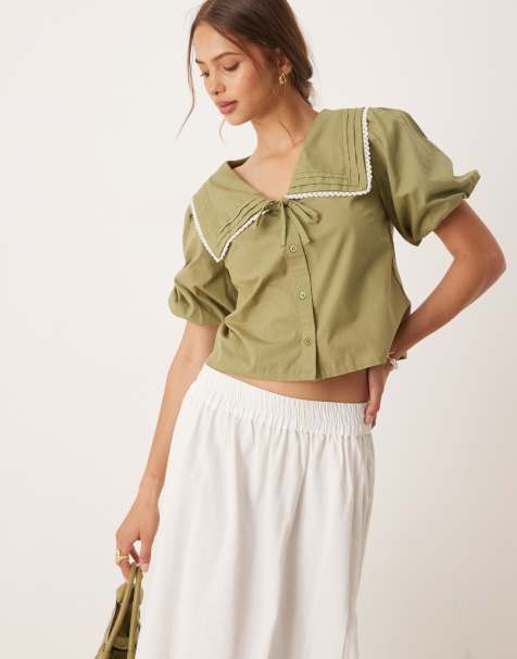 Neon Rose sailor collar puff sleeve blouse in olive green - view 1
