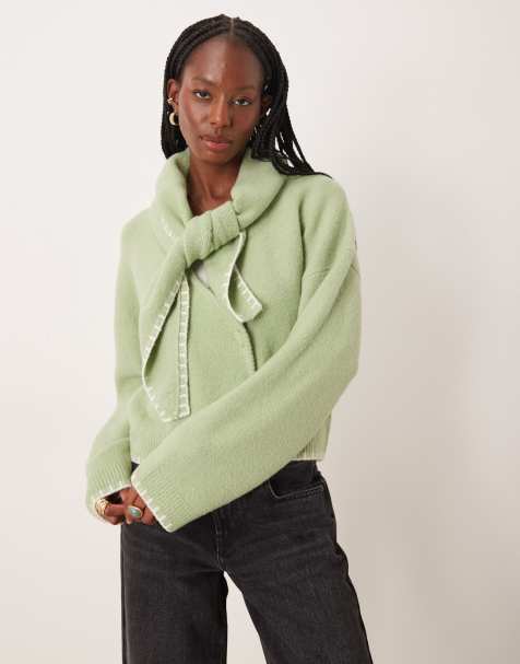 Neon Rose scarf detailed cardigan in green - view 1