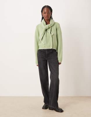 Neon Rose Scarf Detailed Cardigan In Green