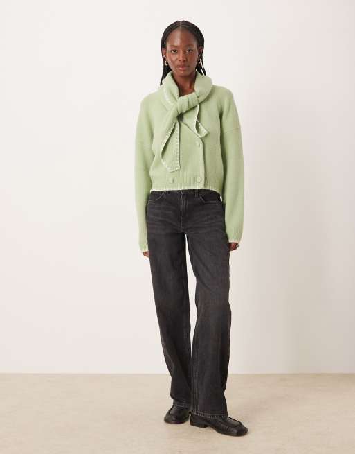 Neon Rose scarf detailed cardigan in green , 2 of 4