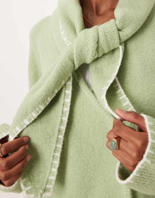 Neon Rose scarf detailed cardigan in green , 3 of 4