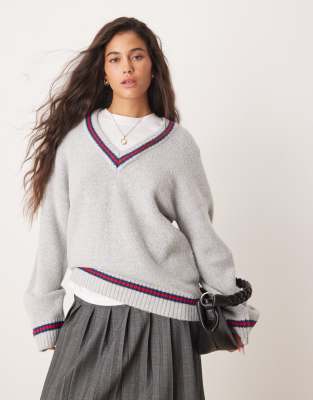 school sweater with contrast binding in gray