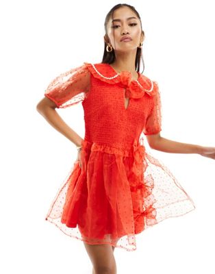 Neon Rose shirred bust dobby tulle mini dress in red