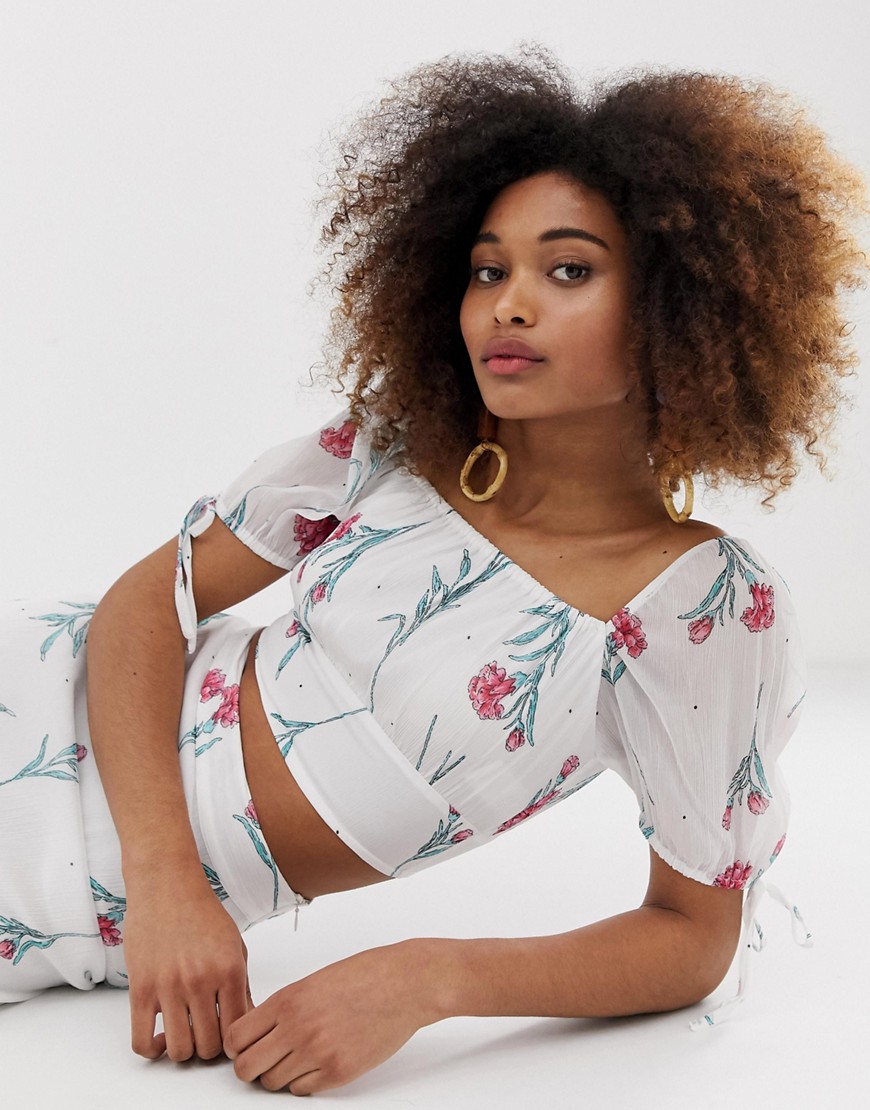 Neon Rose shirred crop top in vintage floral co-ord-White