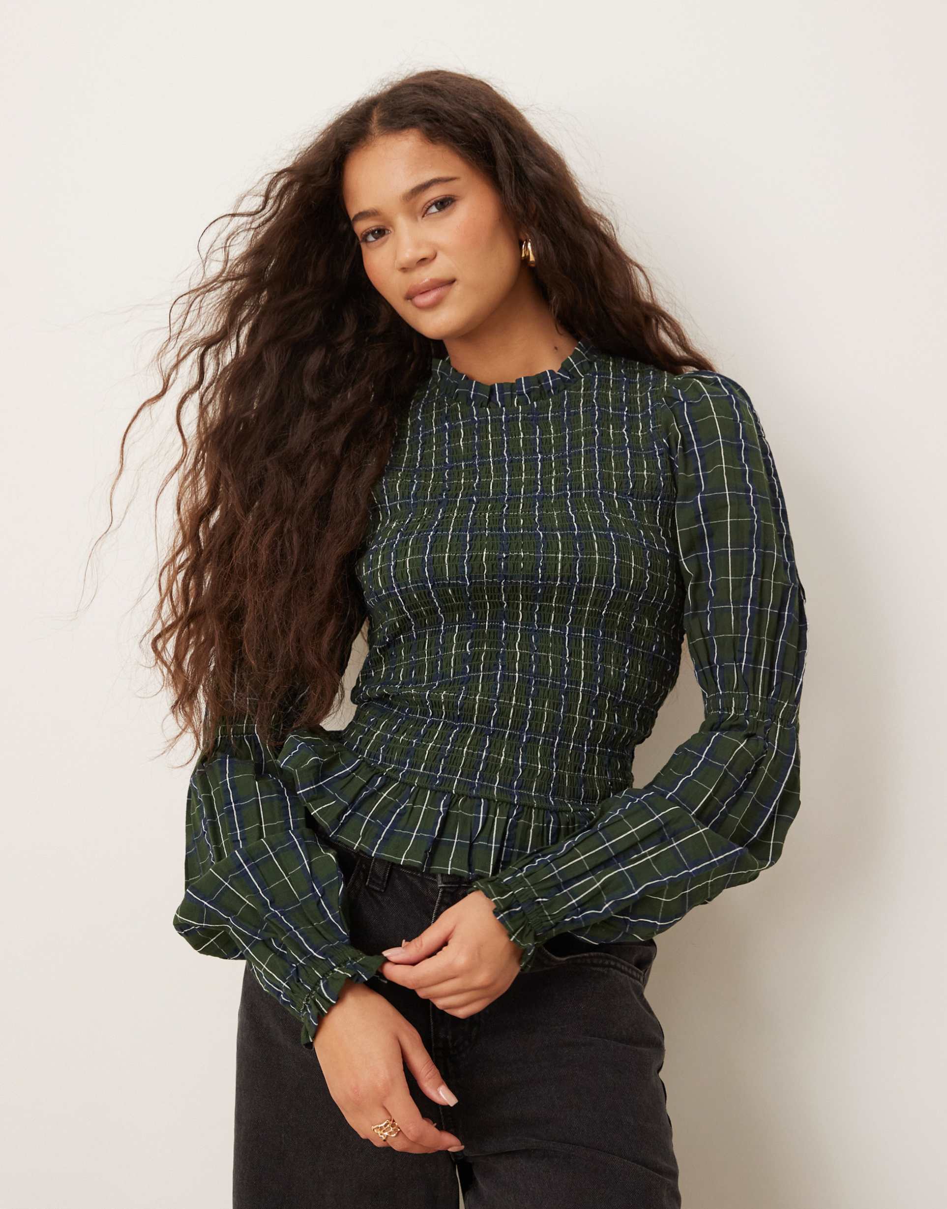 neon rose shirred detail long sleeve top in dark green check