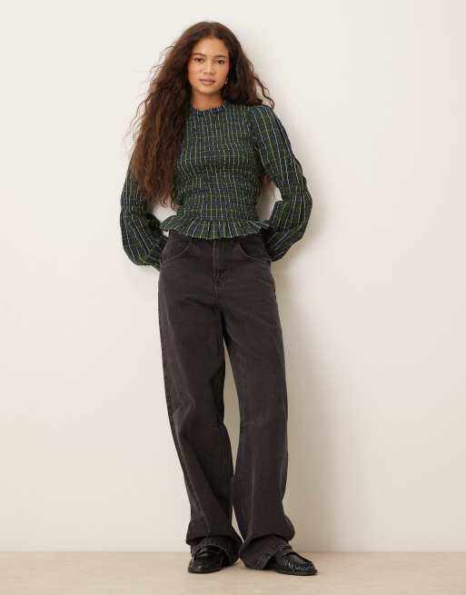Neon Rose shirred detail long sleeve top in dark green check, 2 of 4