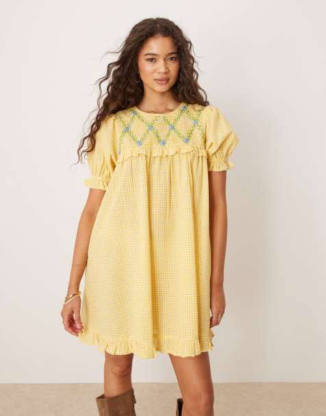 Neon Rose shirred detail mini gingham babydoll dress in yellow - view 1