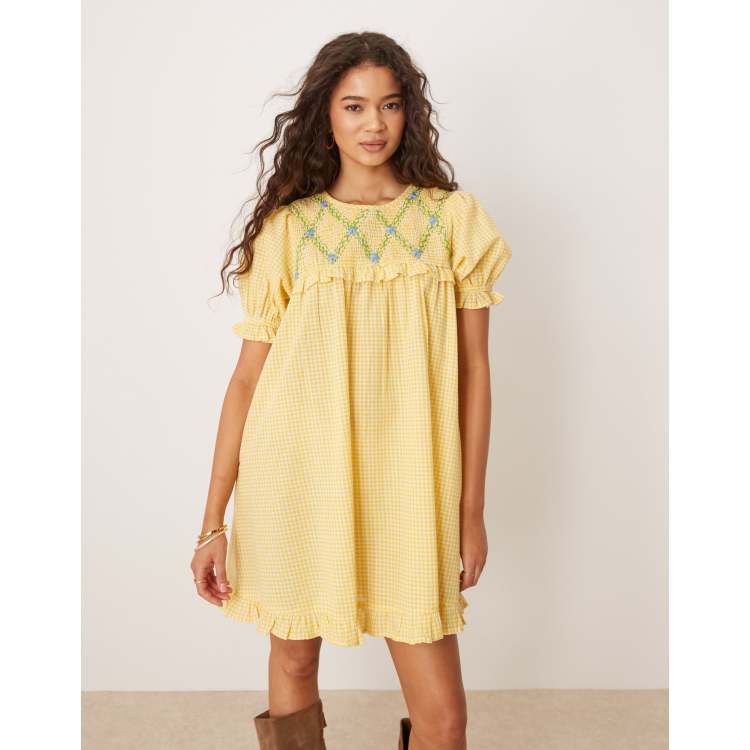 Neon Rose shirred detail mini gingham babydoll dress in