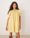 [Neon Rose] Neon Rose shirred detail mini gingham babydoll dress in yellow 12 Lemon