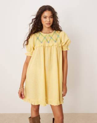 neon rose shirred detail mini gingham babydoll dress in yellow