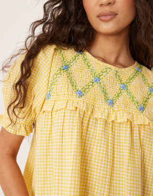 Neon Rose shirred detail mini gingham babydoll dress in yellow