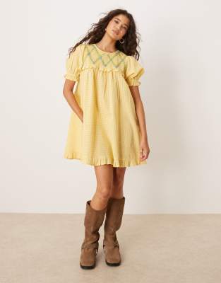 Neon Rose shirred detail mini gingham babydoll dress in