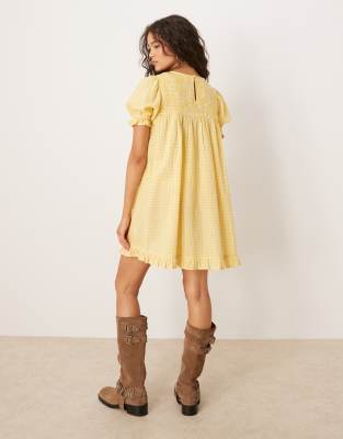 Neon Rose shirred detail mini gingham babydoll dress in yellow