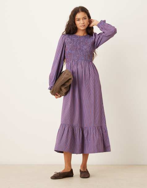 Neon Rose shirred detailed long sleeve midaxi dress in multi stripe - view 1