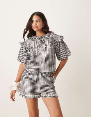 shirred gingham balloon sleeve blouse in black - part of a set