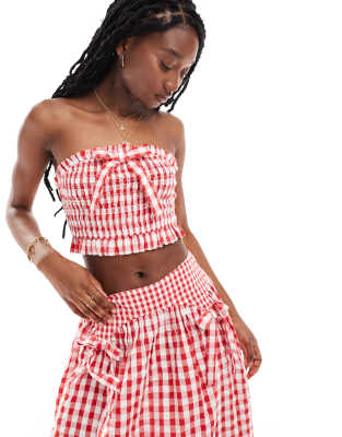 Neon Rose Shirred Gingham Bandeau Crop Top In Red - Part Of A Set In White