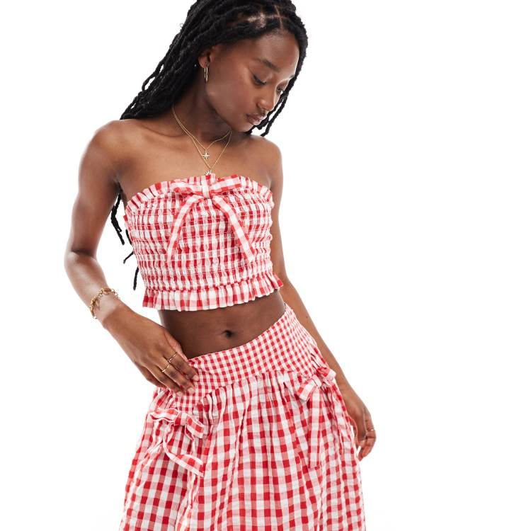トップス GINGHAM ORGANZA SHIRRED TUNIC (RED) Gingham organza shirred tunic (red)