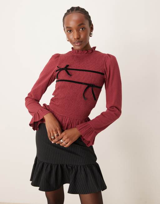 Neon Rose shirred long sleeve blouse with velvet ties in burgundy