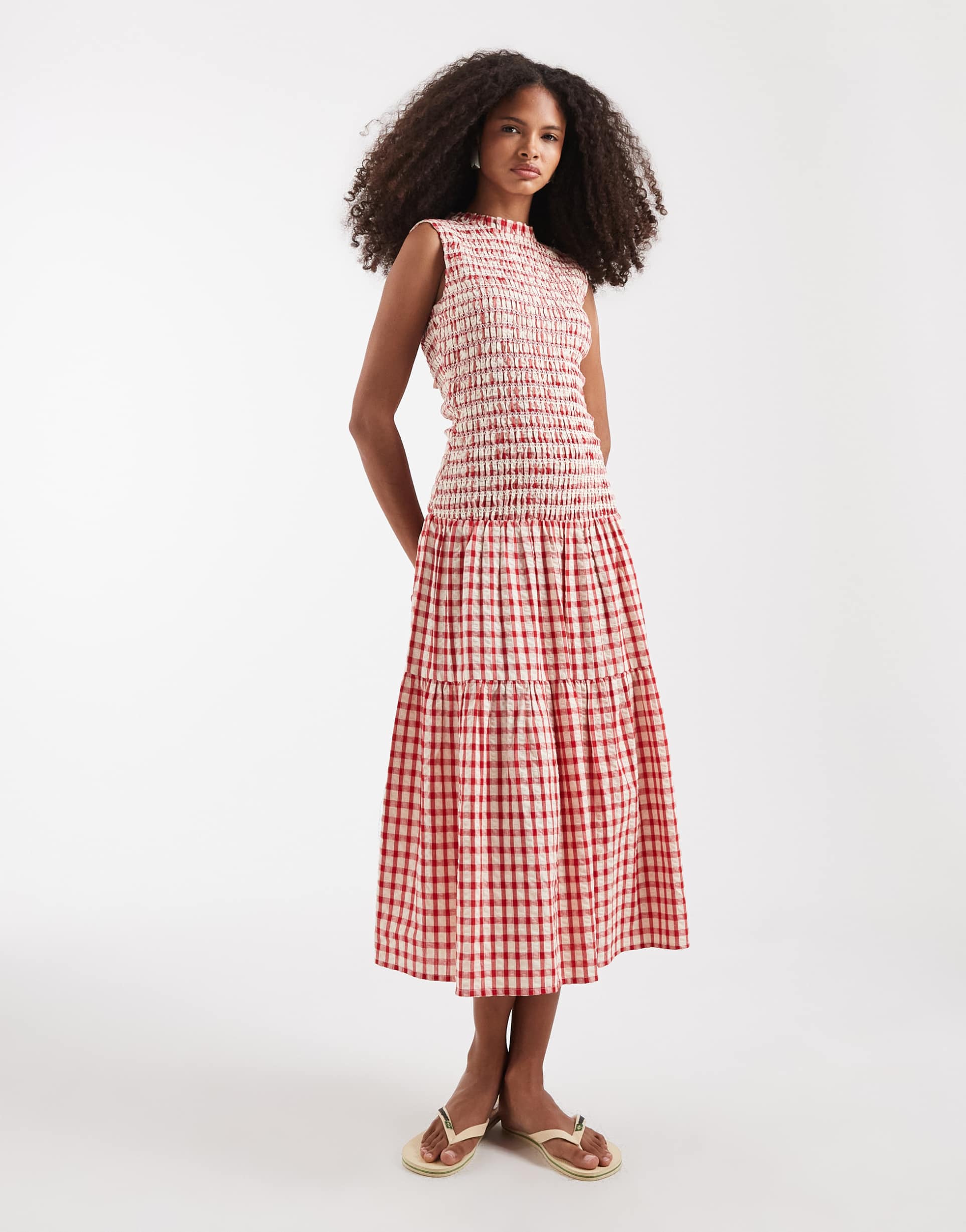 neon rose shirred midaxi dress in red plaid
