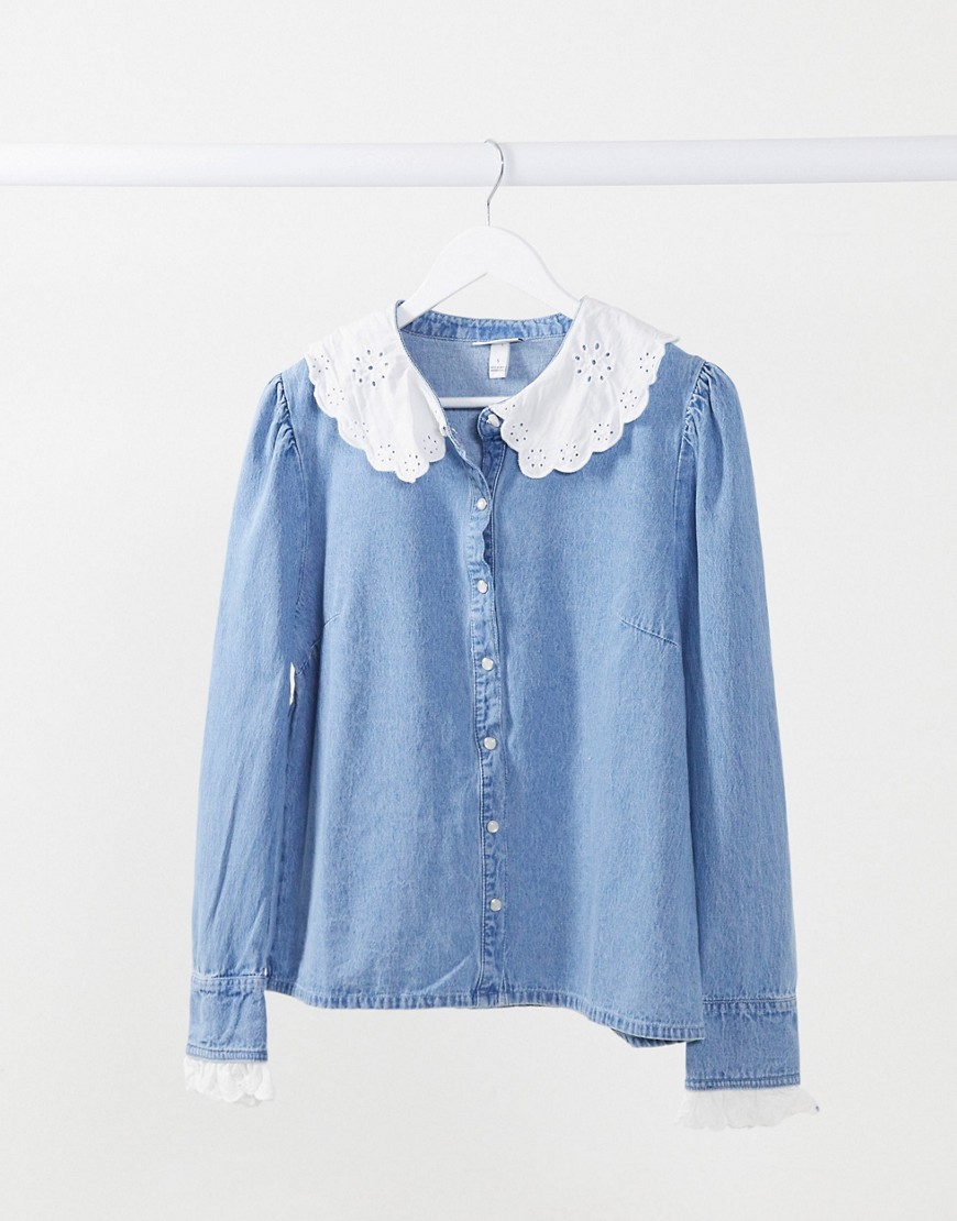 Neon Rose SHIRT WITH EMBROIDERED COLLAR IN DENIM MIX-BLUE