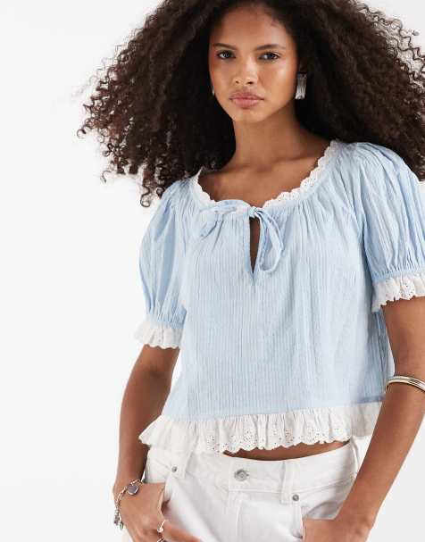 Neon Rose short sleeve frilly edged top in blue - view 1
