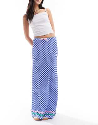 Neon Rose Slinky Gingham Bow Detail Maxi Skirt In Blue