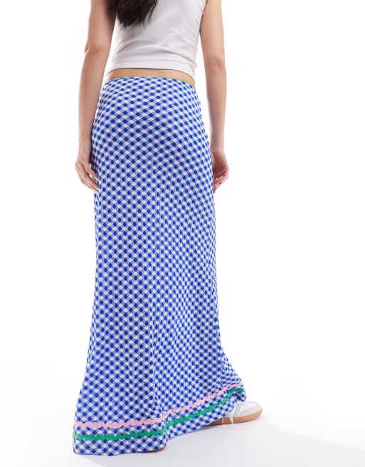 Neon Rose Slinky Gingham Bow Detail Maxi Skirt in Blue