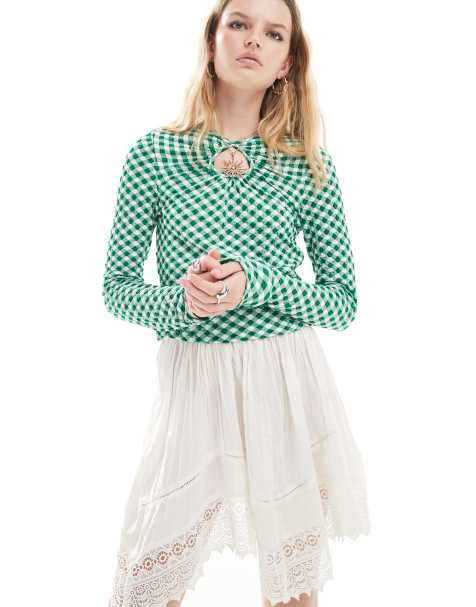 Neon Rose slinky gingham long sleeve keyhole top in green - view 1