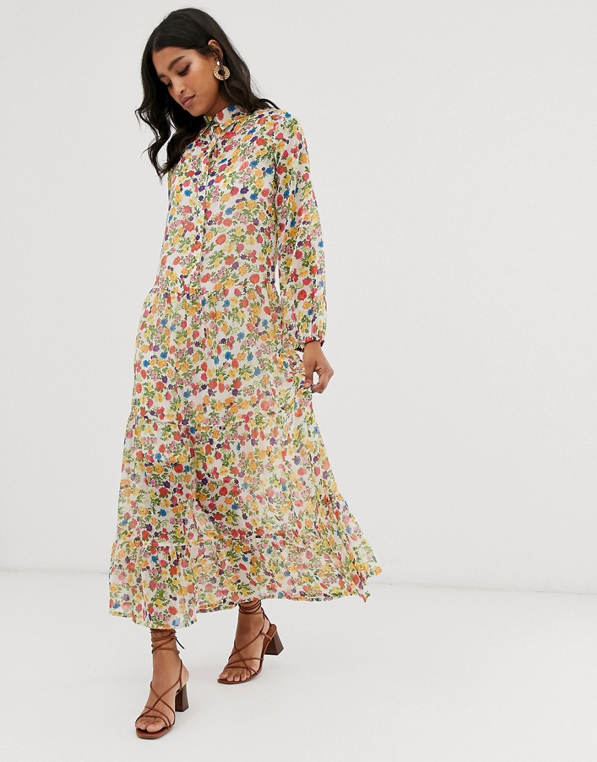 Neon Rose – Småblommig skjortklänning i maximodell i vintagestil-Flerfärgad