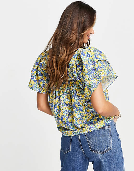  Neon Rose smock top with volume sleeves in bright floral 